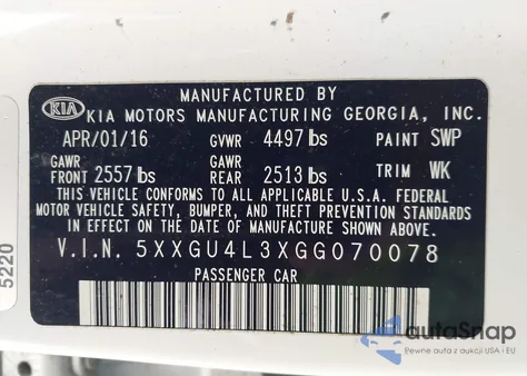 2016 Kia Optima Ex z USA, uszkodzony, nr VIN 5XXGU4L3XGG070078